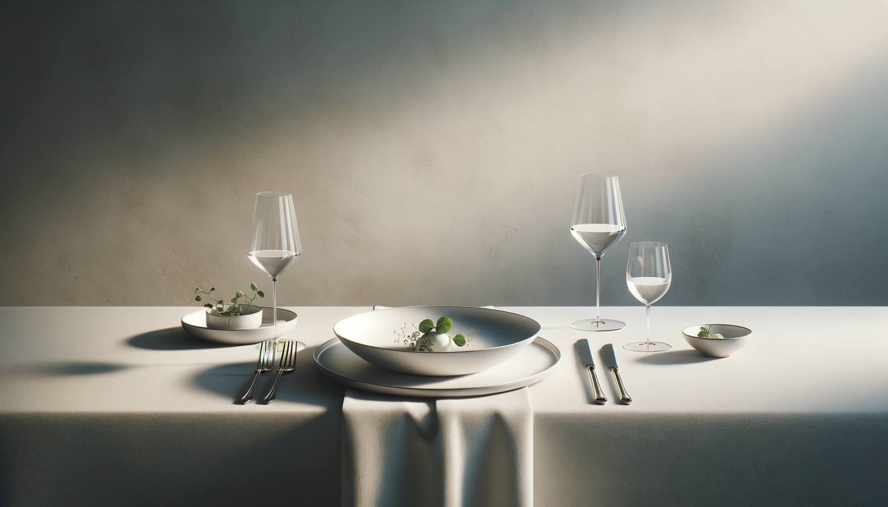 Elegant dining table with white tablecloth, three wine glasses filled with water, white bowls, green garnish, silver cutlery, and a neutral-colored wall in the background.