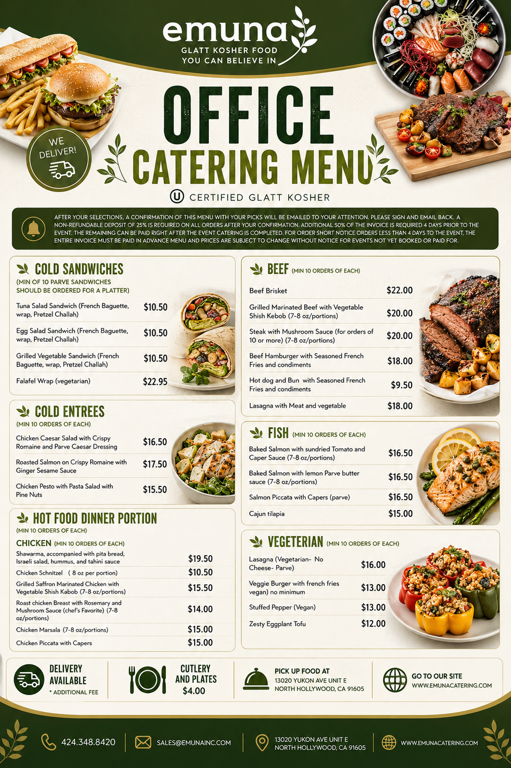 Office catering menu featuring cold sandwiches, hot food, beef, fish, and vegetarian options, with images of sandwiches, sushi, grilled meat, salmon, stuffed peppers, and a veggie platter.