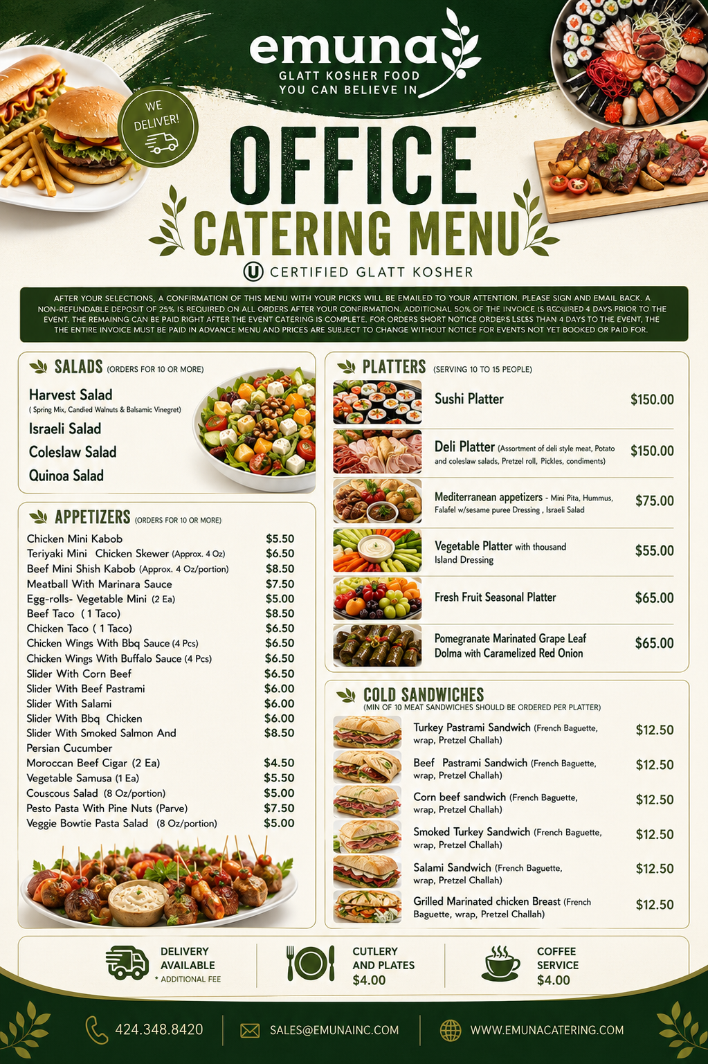 Catering menu board featuring salads, appetizers, platters, cold sandwiches, and images of food dishes including burgers, sushi, grilled meat, vegetables, and fruit.