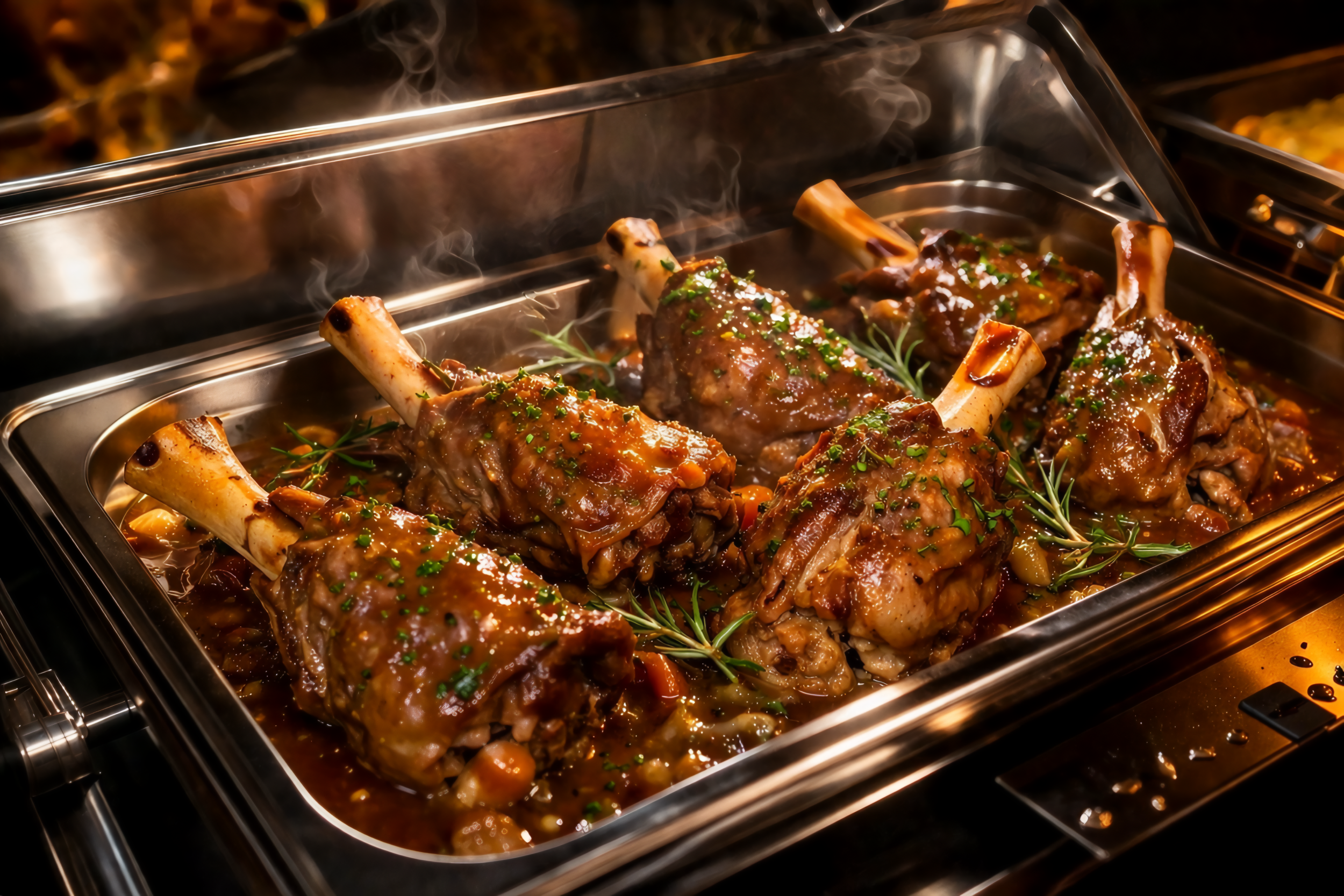 Prime ribs with sauce, herbs, and sprigs of rosemary in a serving tray.