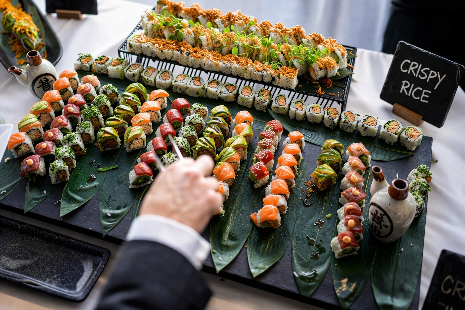 Assorted sushi rolls on a black platter with green leaves, a hand reaching for sushi, a small black chalkboard sign reading 'CRISPY RICE,' and soy sauce bottles.