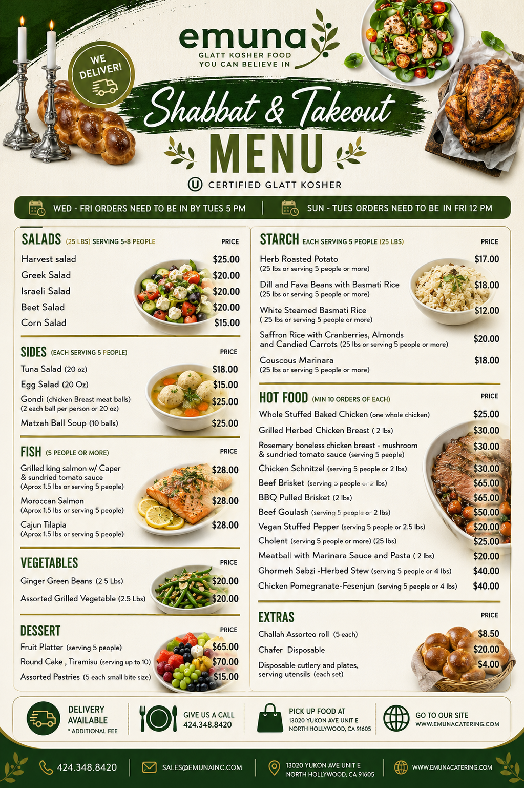 Shabbat and takeaway menu from Emuna, a certified glatt kosher food restaurant. The menu includes salads, sides, fish, vegetables, desserts, starches, hot foods, and extras with prices. It also indicates order deadlines for Wednesday to Friday and Sunday to Tuesday.