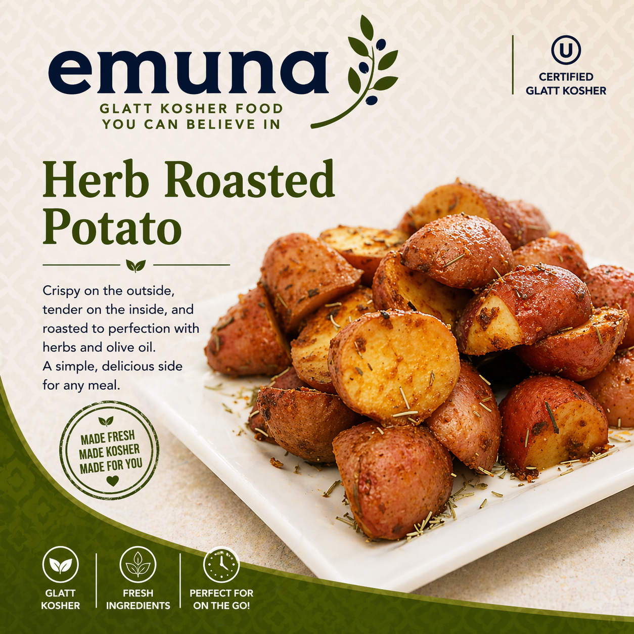 Package of Emuna Herb Roasted Potatoes with image of roasted potatoes on a white plate, garnished with herbs and oil, with label indicating gluten-free, fresh ingredients, and ready to eat.
