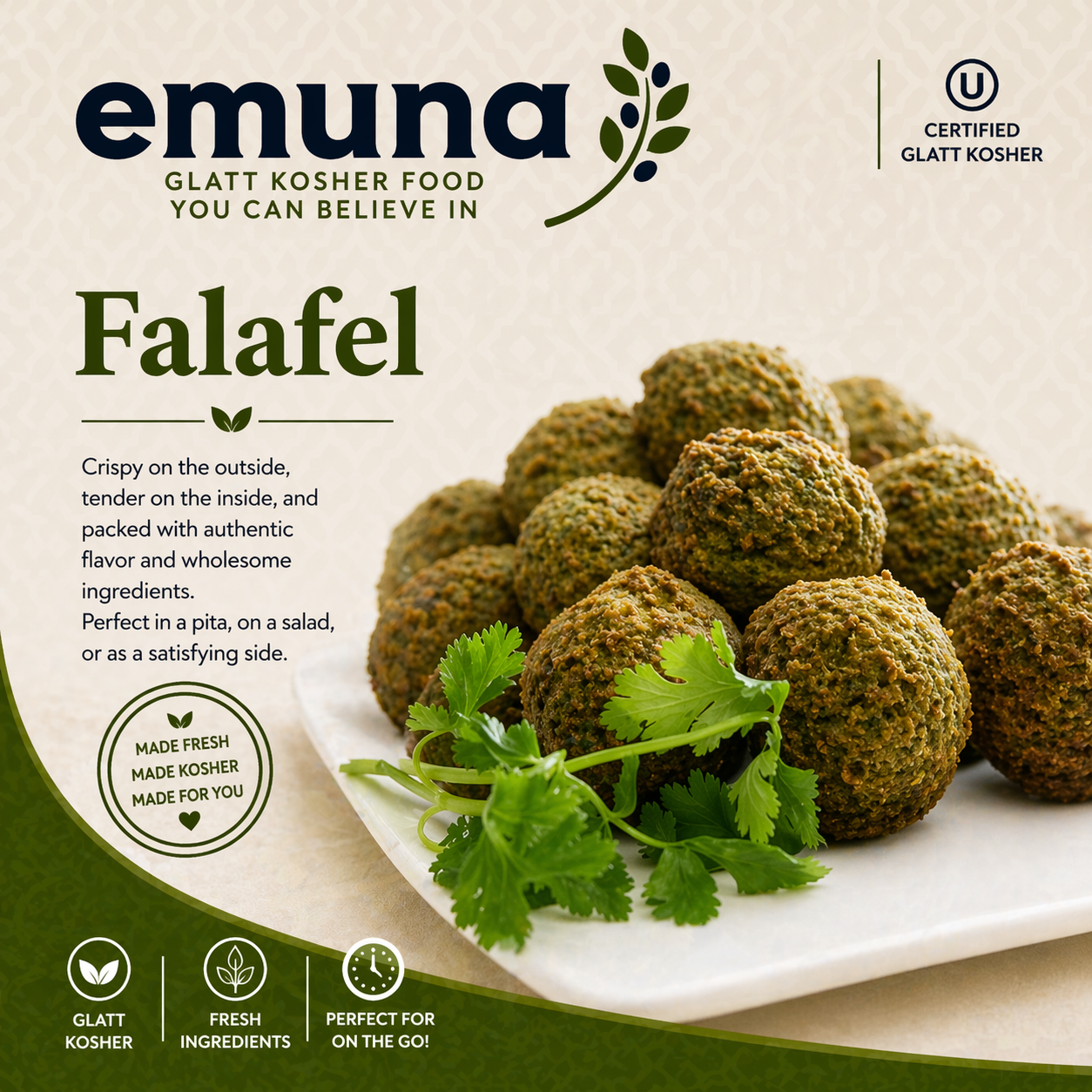 Package of Emuna gluten-free kosher falafel balls with parsley garnish.