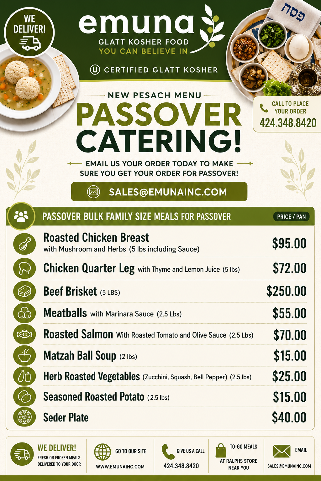Flyer for Emuna Glatt Kosher Food catering service offering Passover bulk family meals, featuring menu items such as roasted chicken breast, chicken quarter leg, beef brisket, meatballs, roasted salmon, matzah ball soup, herb roasted vegetables, seasoned roasted potato, and seder plate, with contact information including email and phone number.