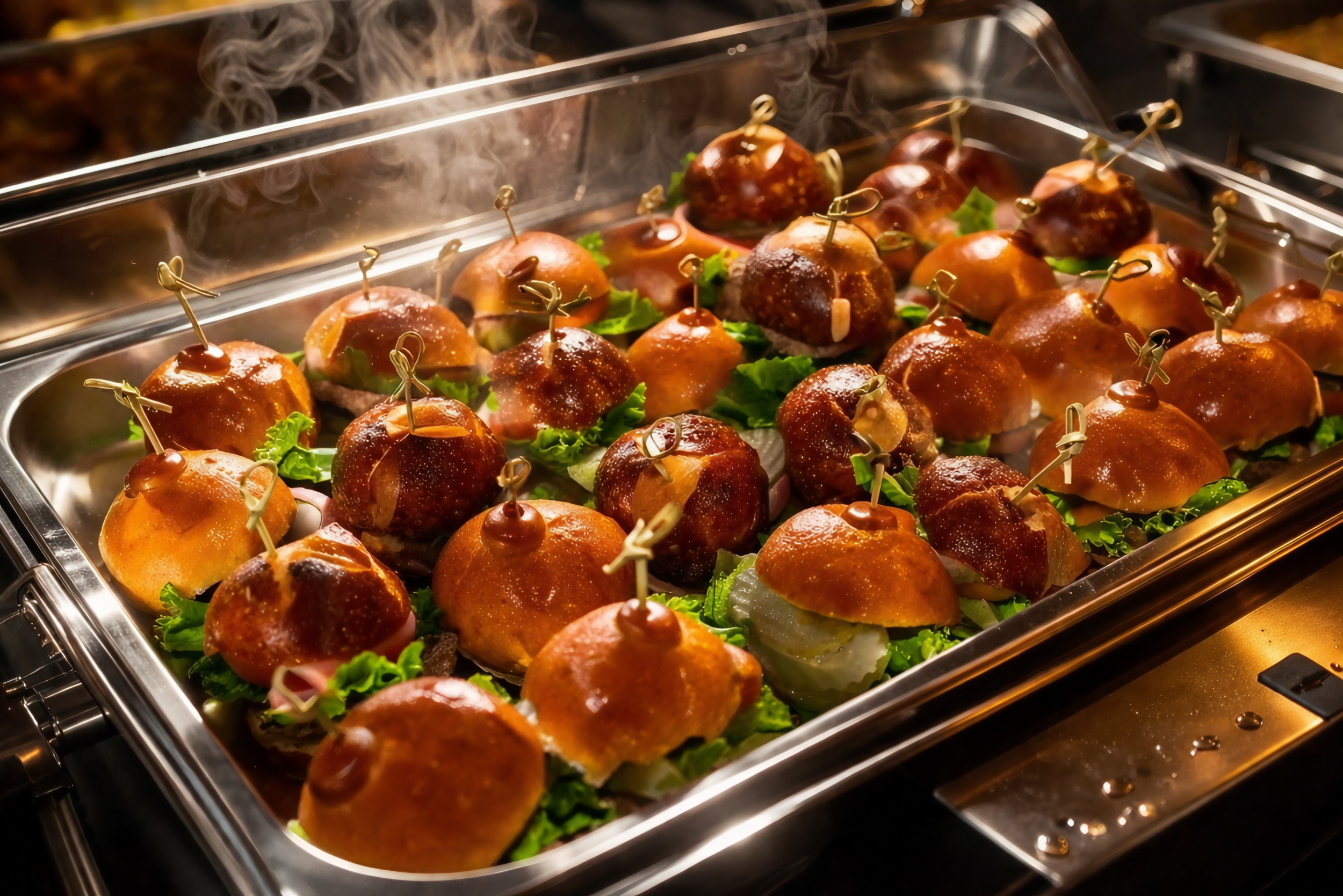 A buffet tray filled with baked stuffed mushrooms garnished with lettuce leaves, with steam rising from the tray.