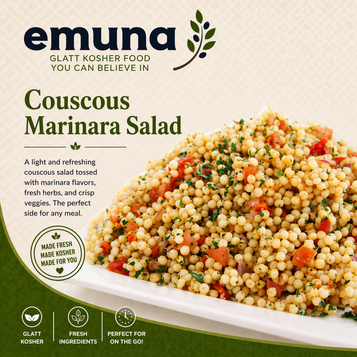 Packaging of Emuna Couscous Marinara Salad, a light and refreshing couscous dish with marinar flavors, fresh herbs, and vegetables, featuring a photo of the couscous salad on a white plate with green and beige background and product information.