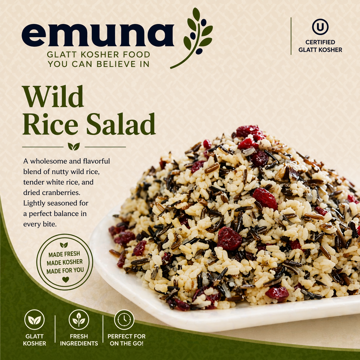 Packaging for Emuna Wild Rice Salad with a close-up of the rice salad in a bowl, featuring wild rice, cranberries, and other ingredients.