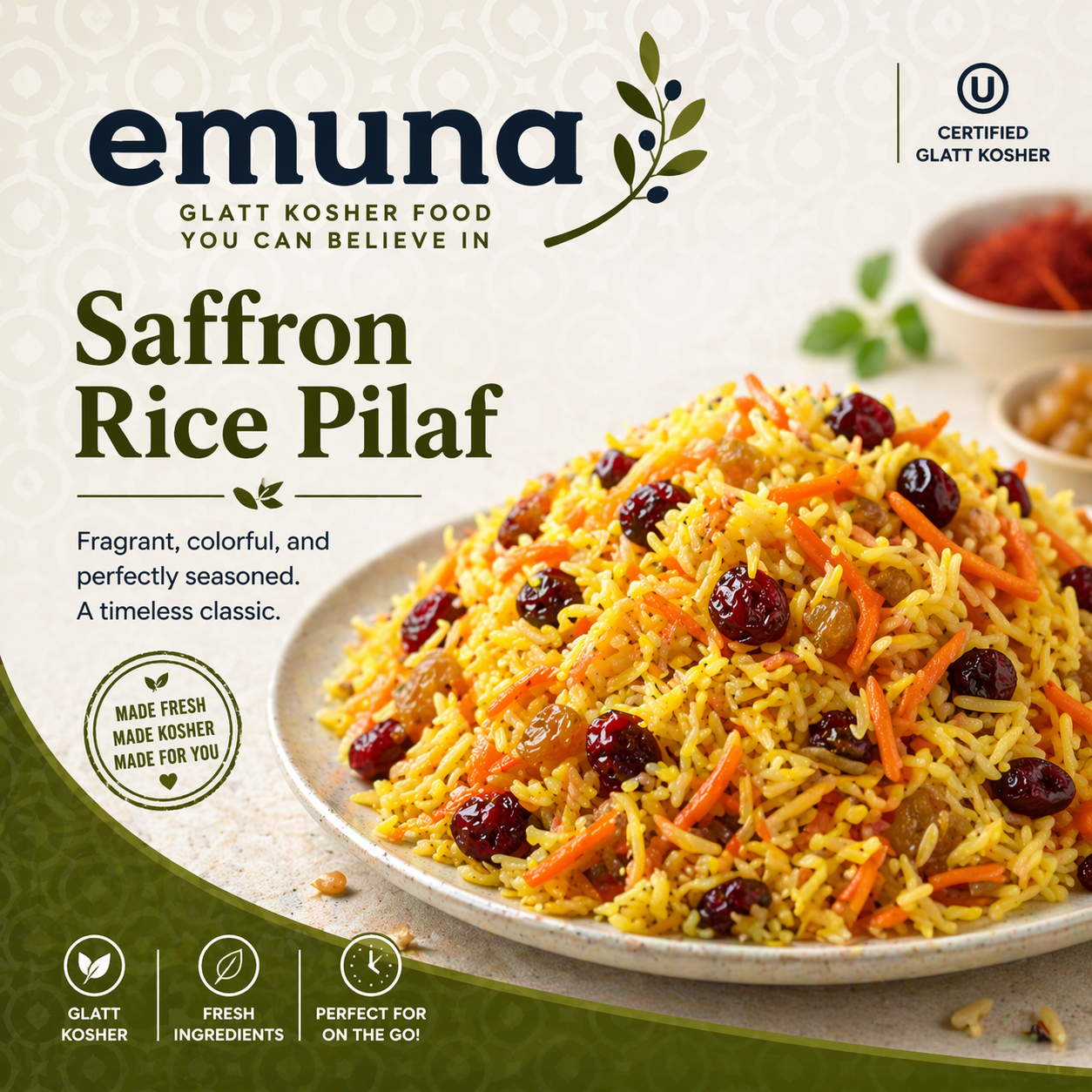 Package of emuna gluten-free kosher saffron rice pilaf with a photo of a rice dish with cranberries and carrots