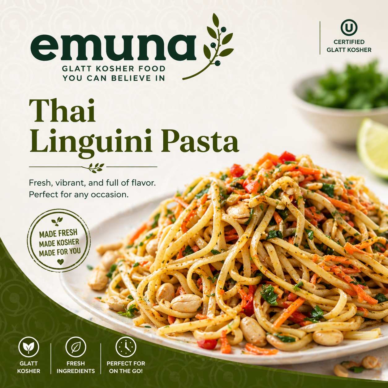 Front of a package of Emuna Thai Linguini Pasta with a picture of mixed noodle dish, lime wedges, and green herbs, featuring gluten-free, kosher, fresh ingredients, and on-the-go convenience.