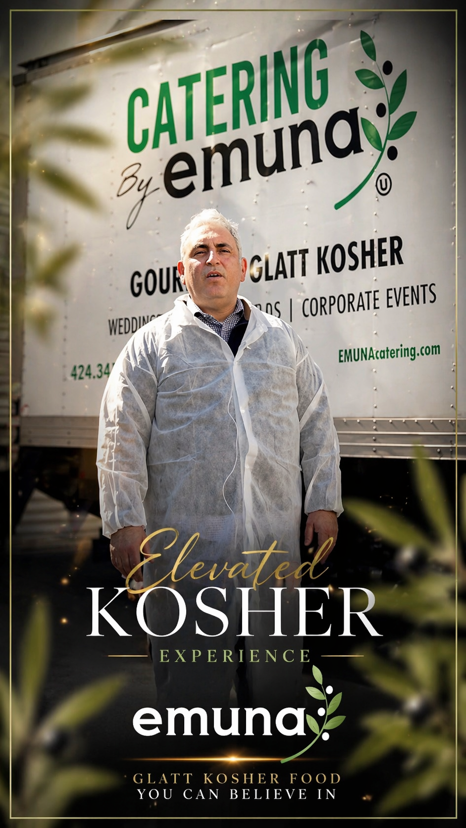 A man standing outdoors in front of a large catering truck with the logo 'Catering by Emuna.' The image promotes an elevated kosher experience offered by Emuna.