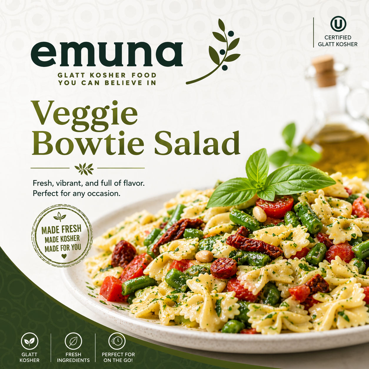 Packaging for Emuna Veggie Bowtie Salad, gluten-free kosher food. Shows a plate of bowtie pasta salad with tomatoes, green beans, sun-dried tomatoes, topped with basil. Includes labels indicating gluten-free, fresh ingredients, and portable.