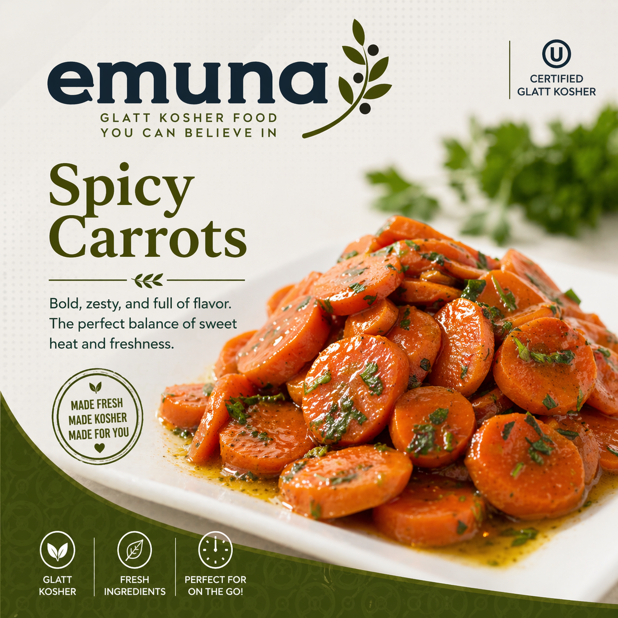 Package of Emuna Spicy Carrots with image of cooked carrots garnished with herbs on a white plate, green cilantro in the background.