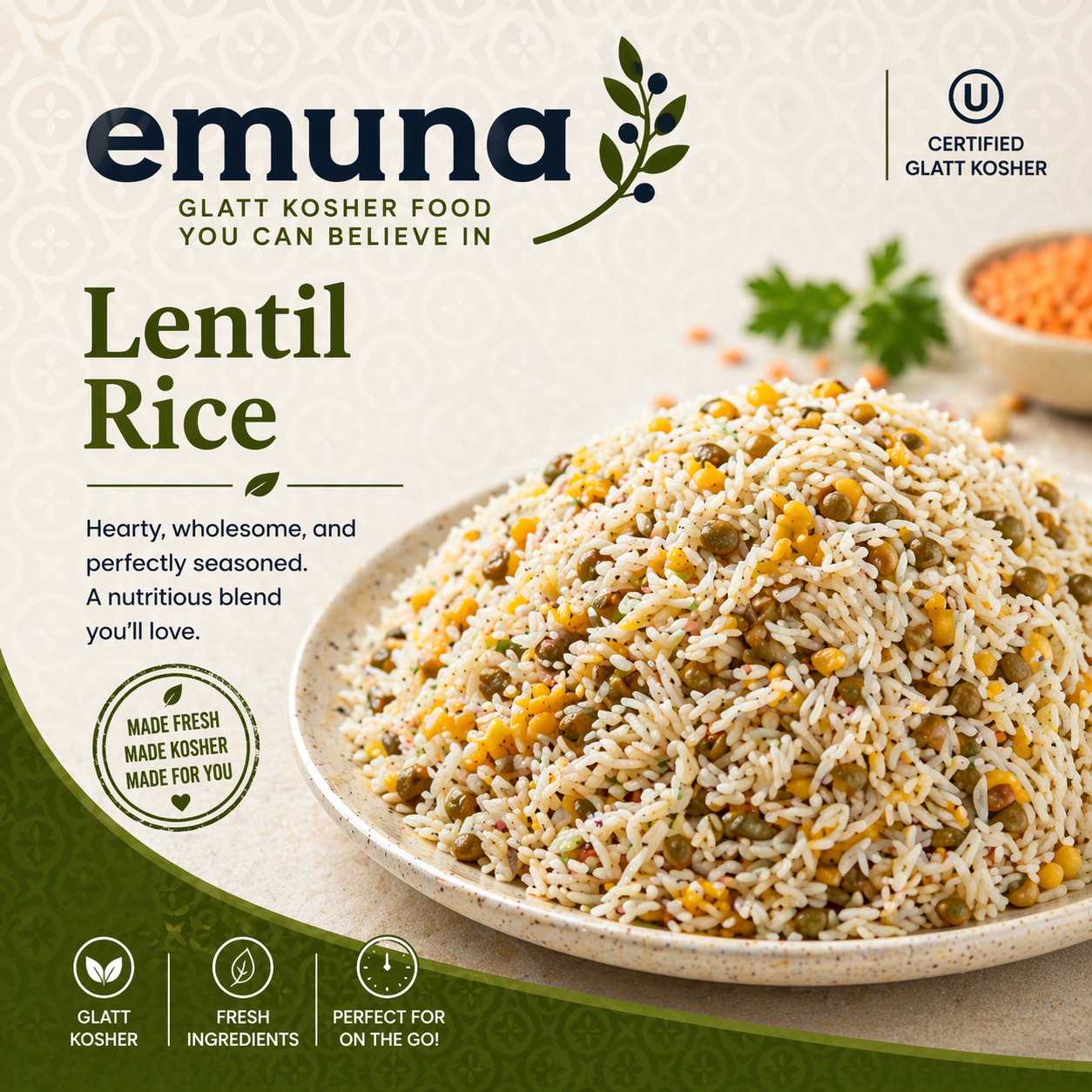 Package of Emuna brand lentil rice, with a photo of cooked lentil rice on a bowl, and text describing it as hearty, wholesome, and perfectly seasoned, with a green and beige background.