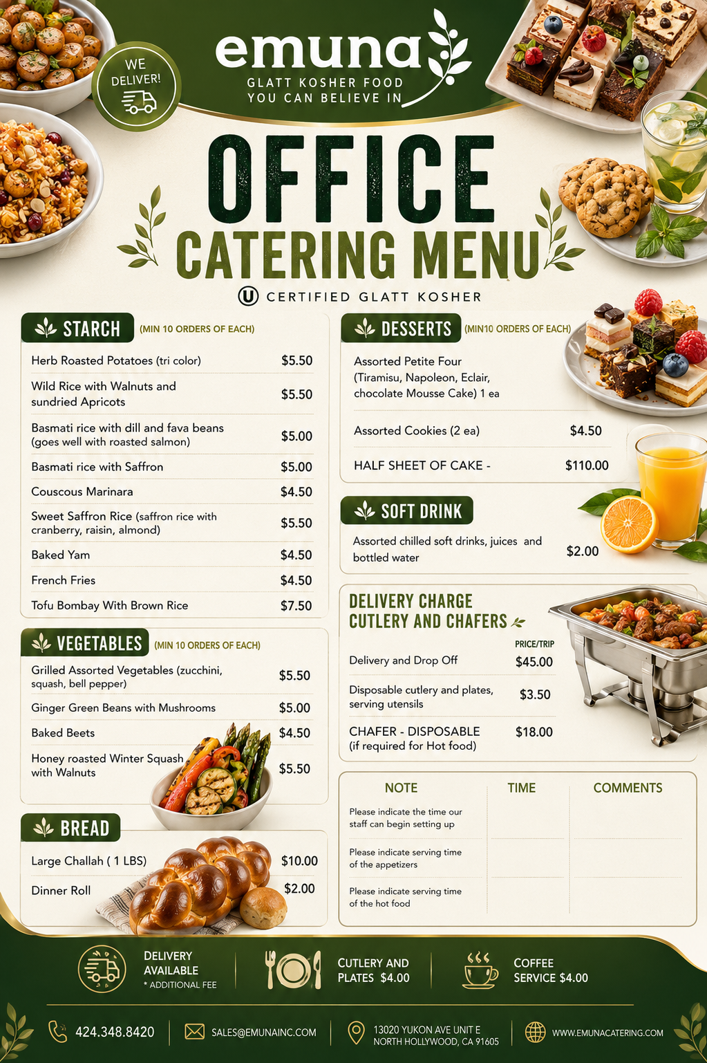 Office catering menu featuring a variety of food options including starches, vegetables, desserts, soft drinks, bread, and catering services with images of bowls of food, desserts, and bread.