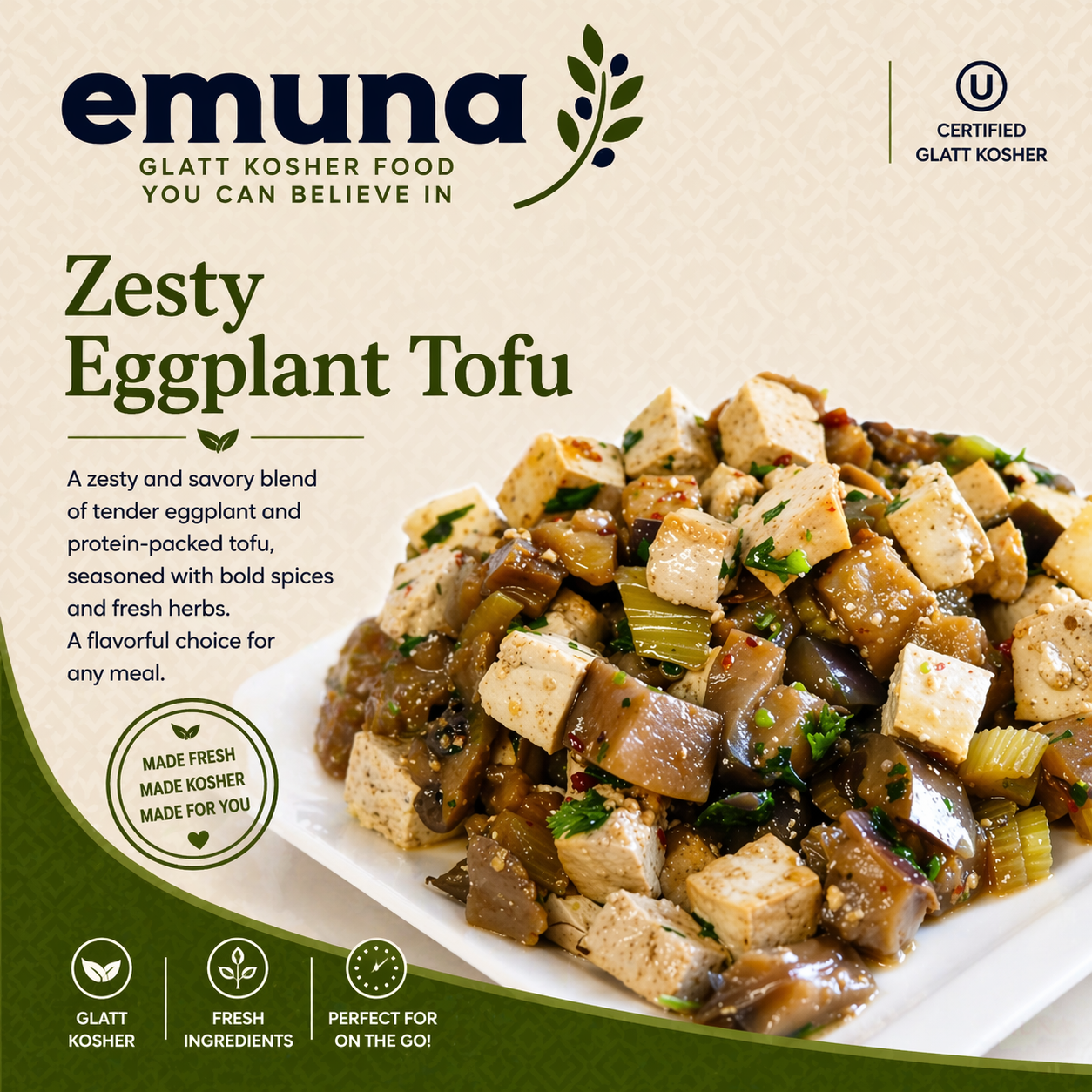 Package of Emuna Zesty Eggplant Tofu showcasing a image of seasoned eggplant and tofu cubes with herbs and spices on a white plate, with text highlighting gluten-free, fresh ingredients, and portability.