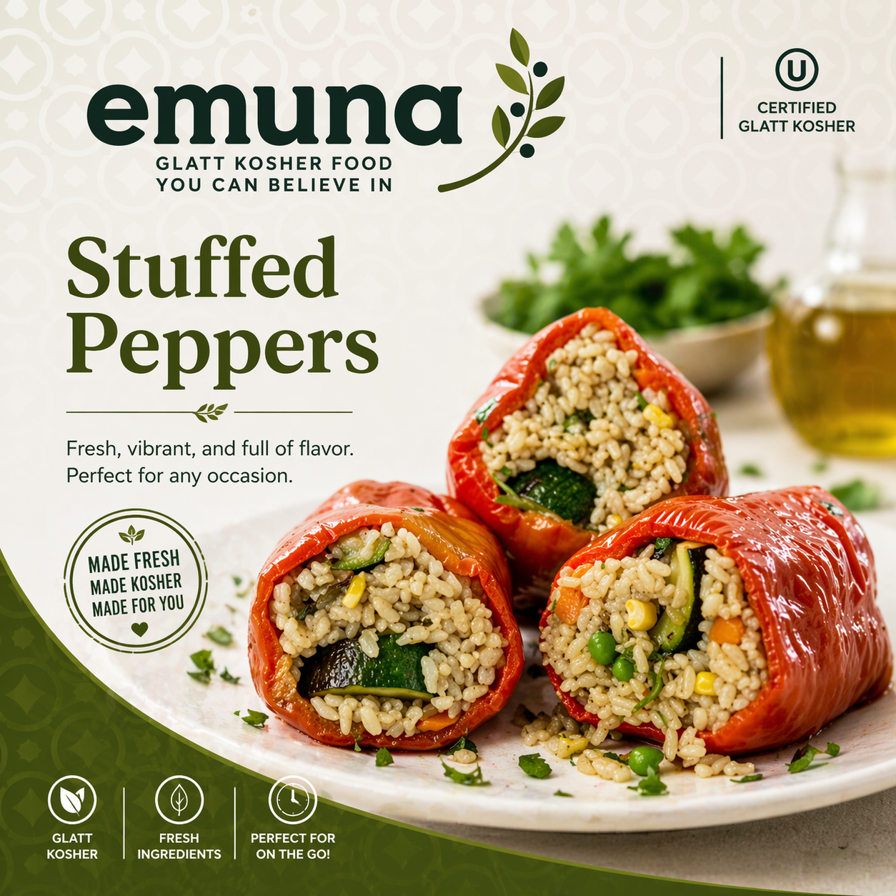 Packaging for Emuna Stuffed Peppers featuring a plate of stuffed peppers filled with rice and vegetables, with a bowl of greens and oil in the background.