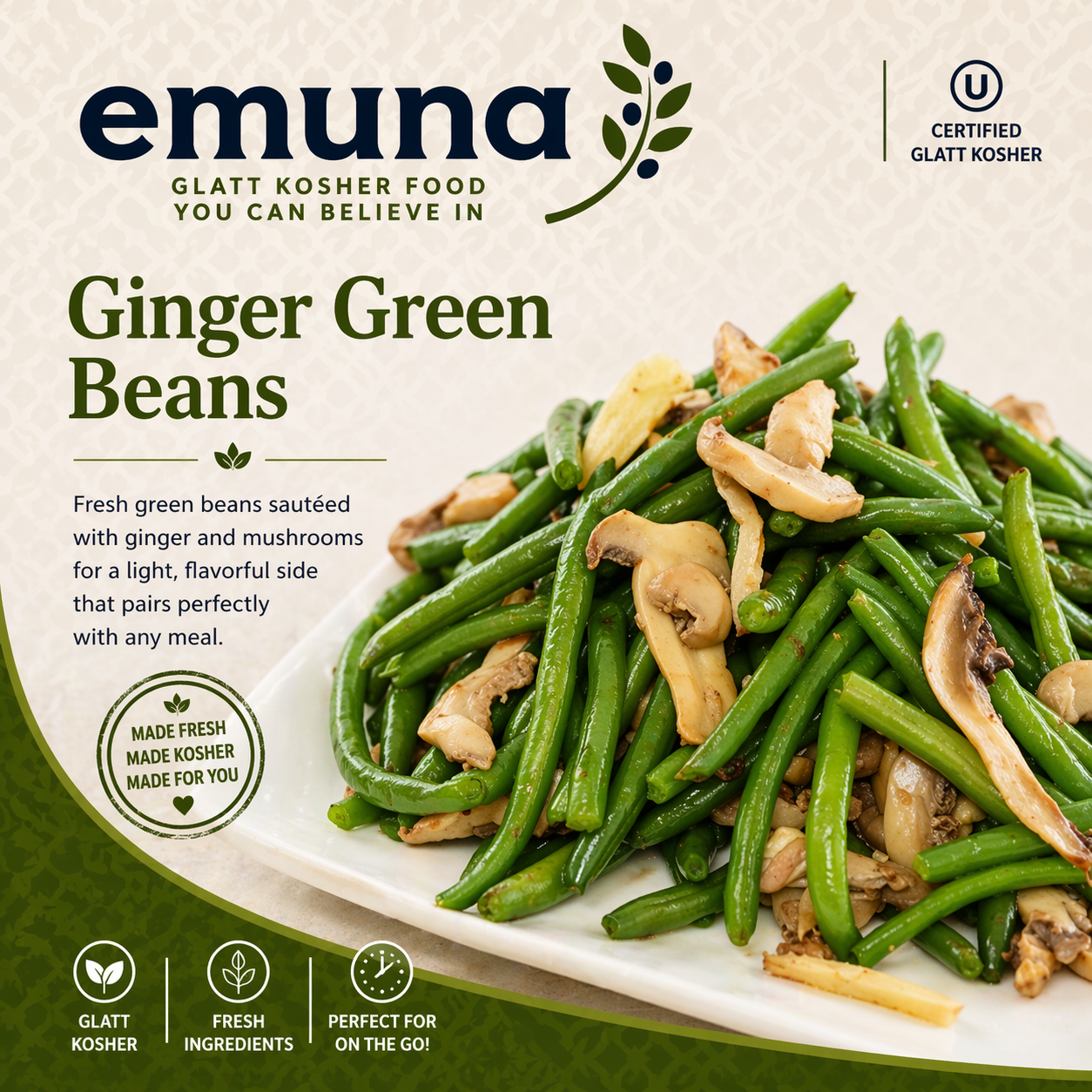 Packaging of Emuna gluten-free kosher ginger green beans, showing a plate of green beans with mushrooms on top, and text describing the product as fresh green beans sautéed with ginger and mushrooms.