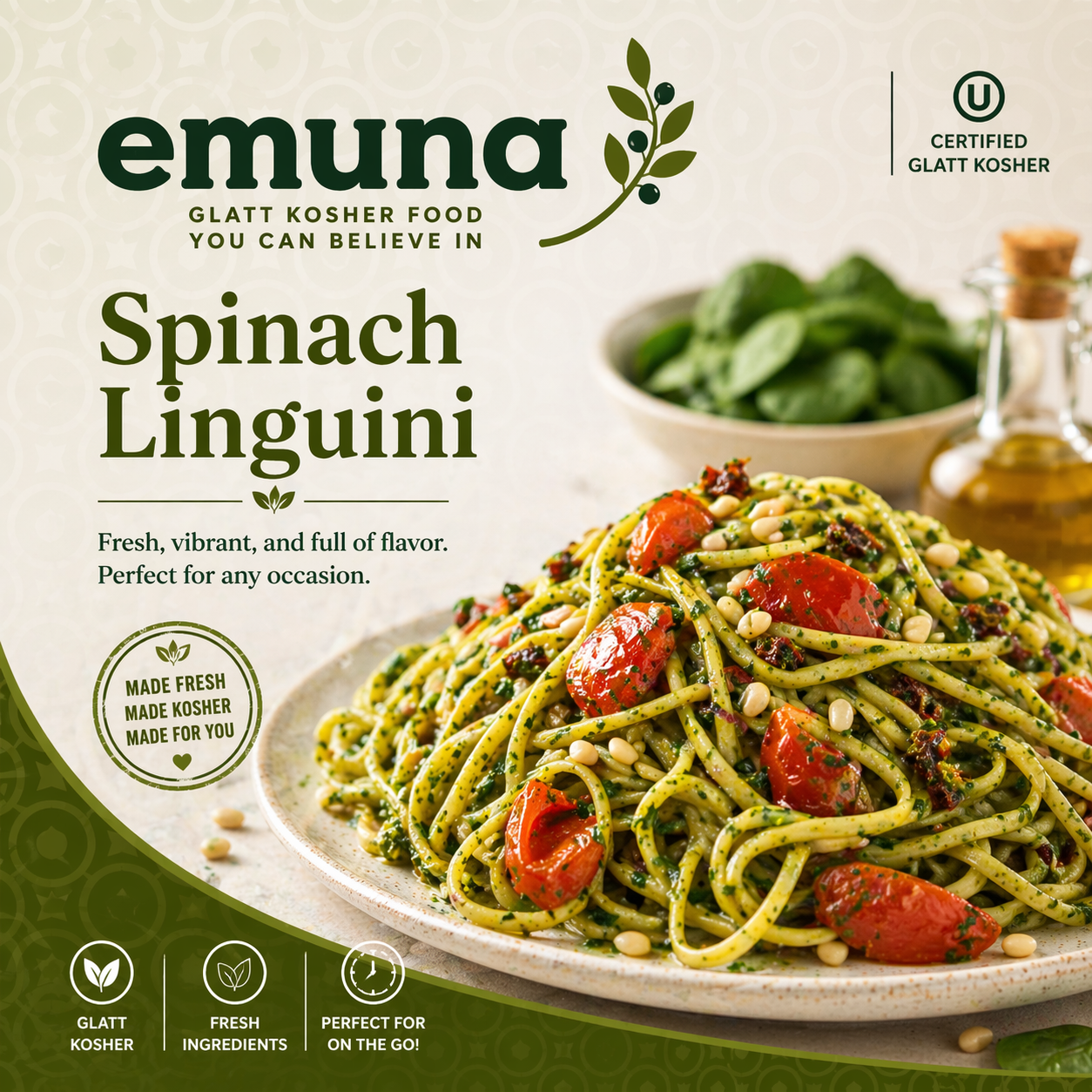 Package of Emuna gluten-free kosher spinach linguine with a plate of prepared pasta and a bowl of spinach in the background.