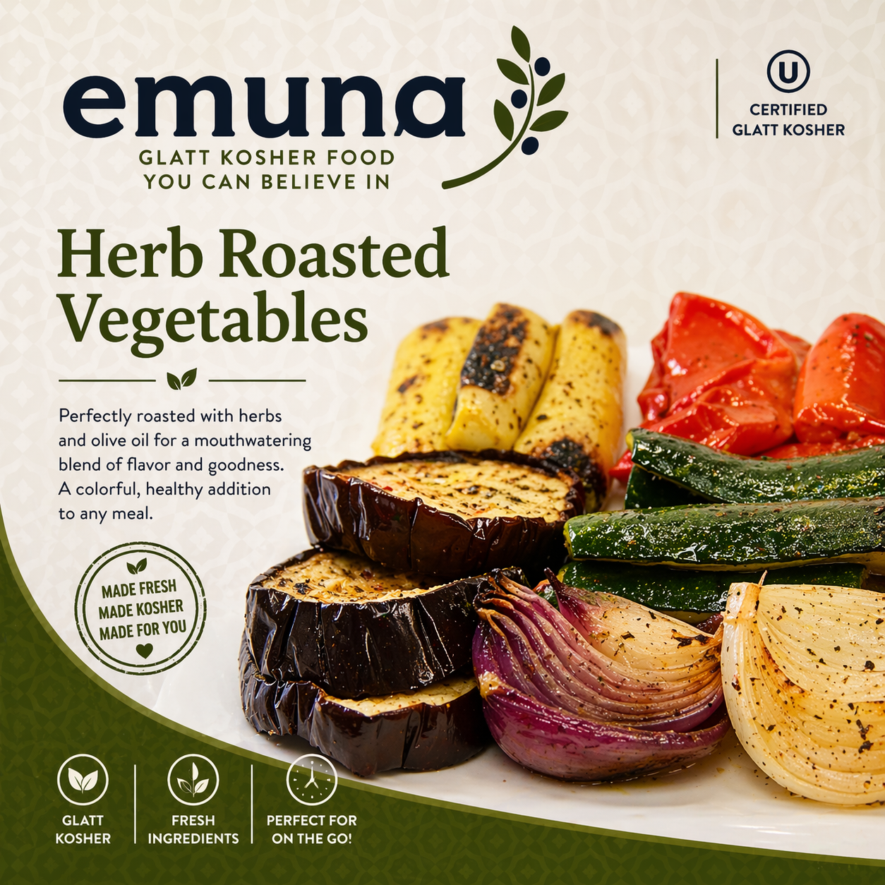 Package label for Emuna herb roasted vegetables, featuring roasted zucchini, eggplant, tomatoes, cucumber, and onion, with gluten-free and kosher certification logos.