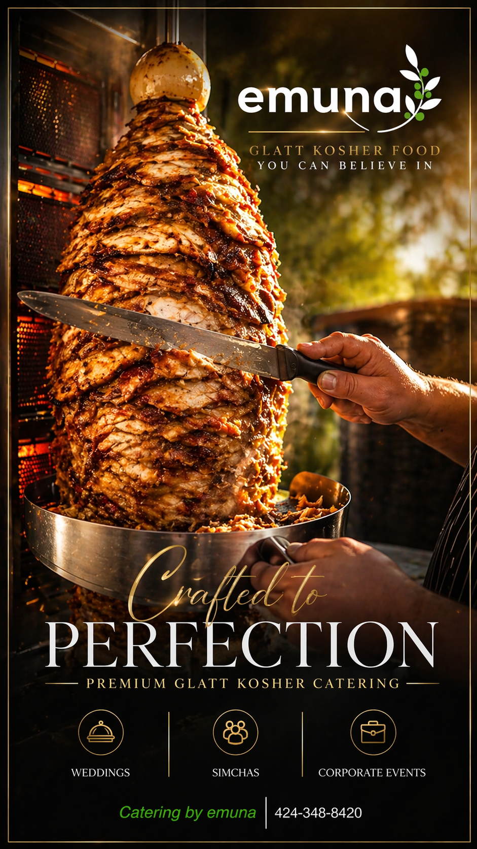 A large stack of sliced roasted meat of turkey or chicken on a vertical spit, being carved by a person with a knife outside during sunset or late afternoon.