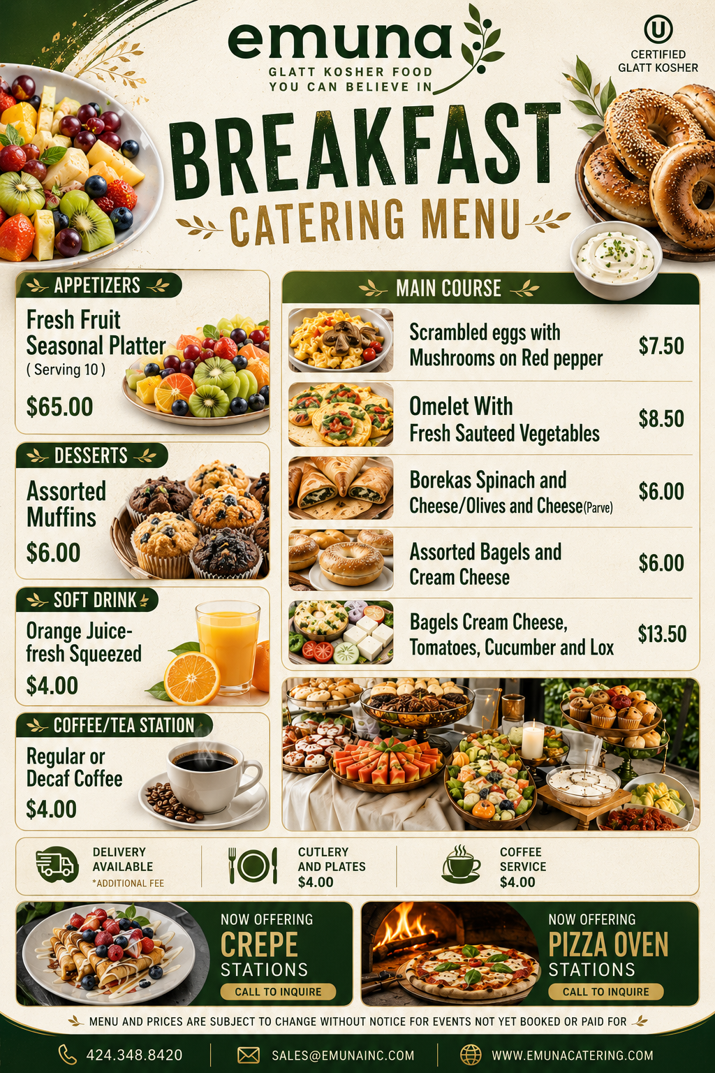 Catering menu featuring fresh fruit, assorted muffins, orange juice, coffee, and a variety of main courses and desserts with images of food.