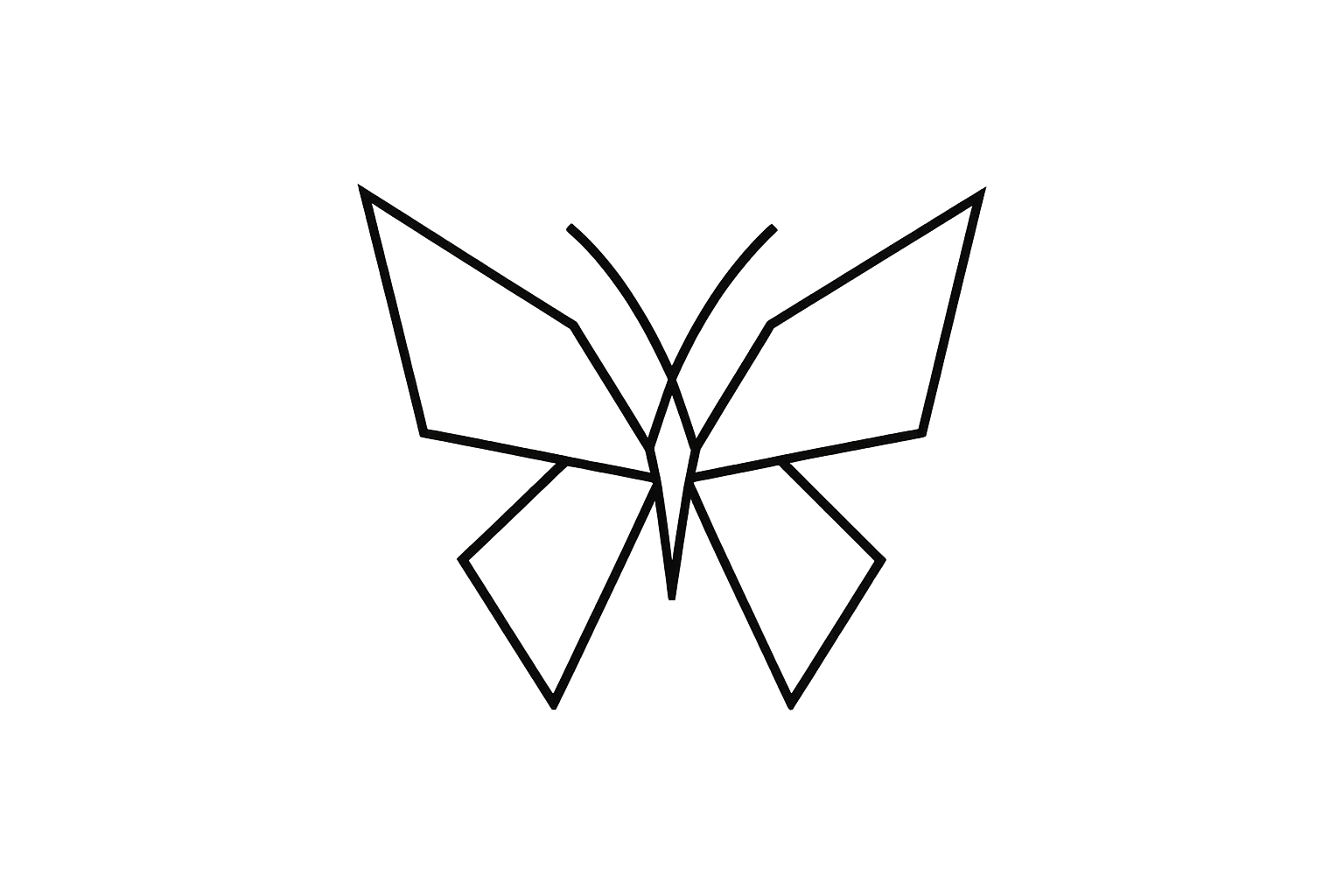 A digital outline of a butterfly logo with geometric shapes and sharp angles in black and white.