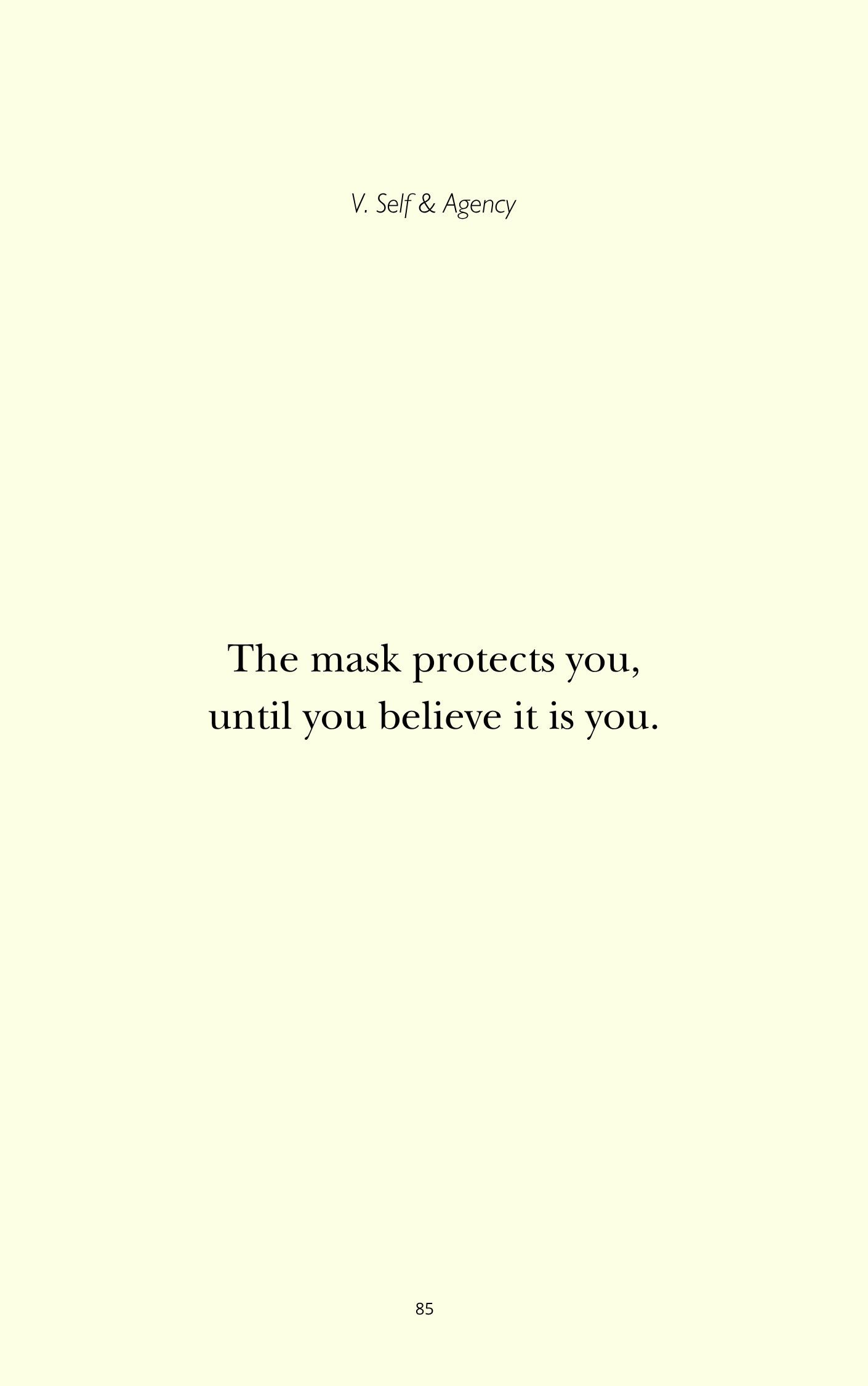 Book page with quote about masks and self-belief, titled 'V. Self & Agency'.