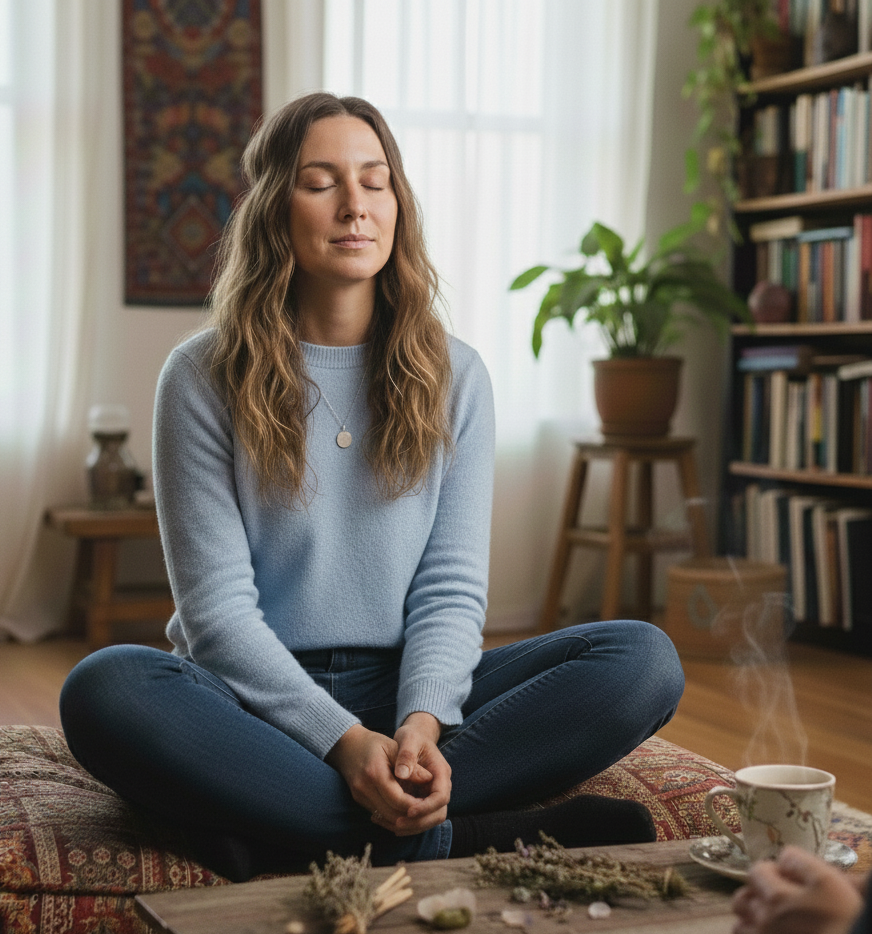 Woman meditating indoors, sitting cross-legged on a cushion, with her eyes closed, near a steaming cup of tea on a wooden table.