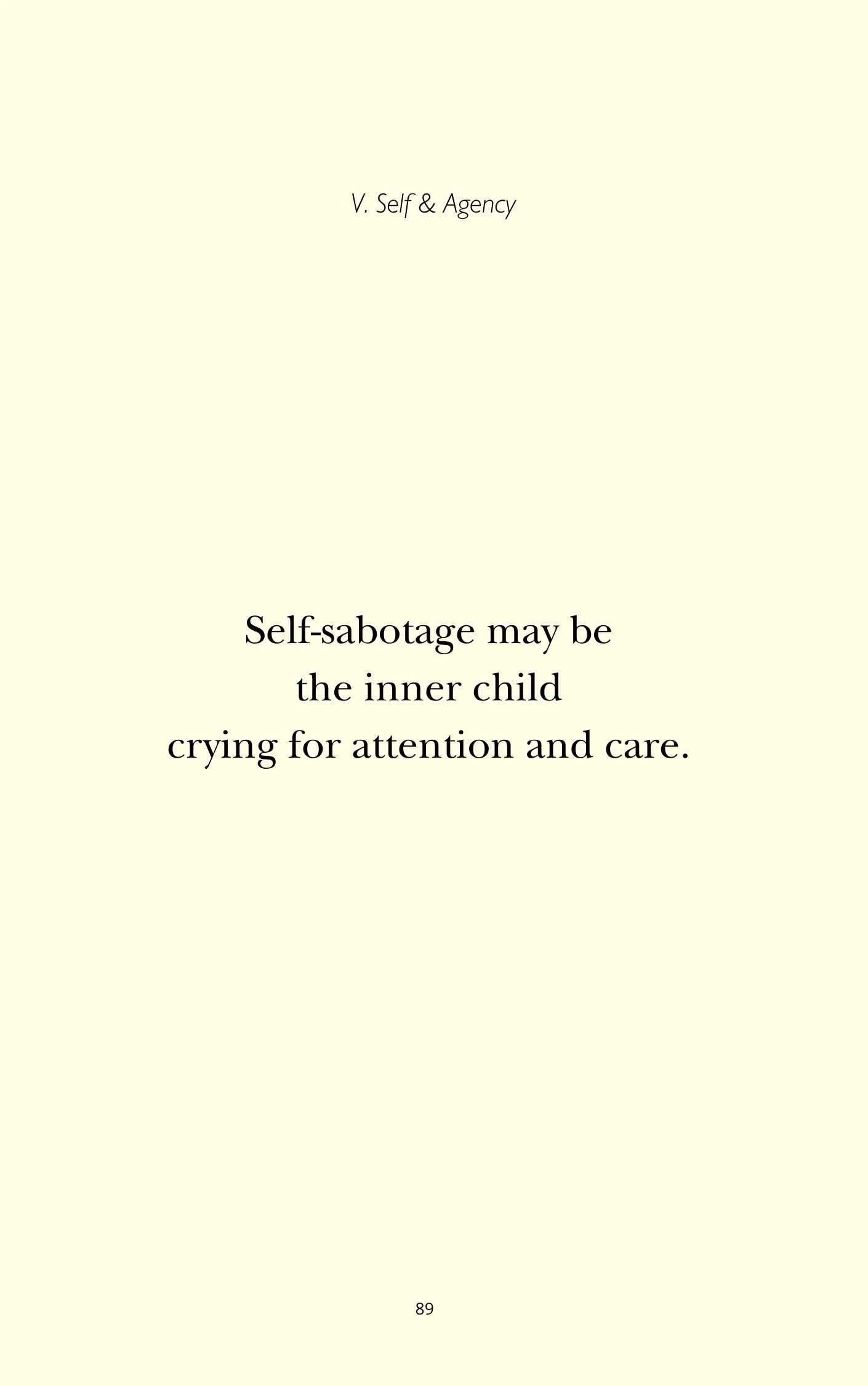 A book page with a quote: "Self-sabotage may be the inner child crying for attention and care."