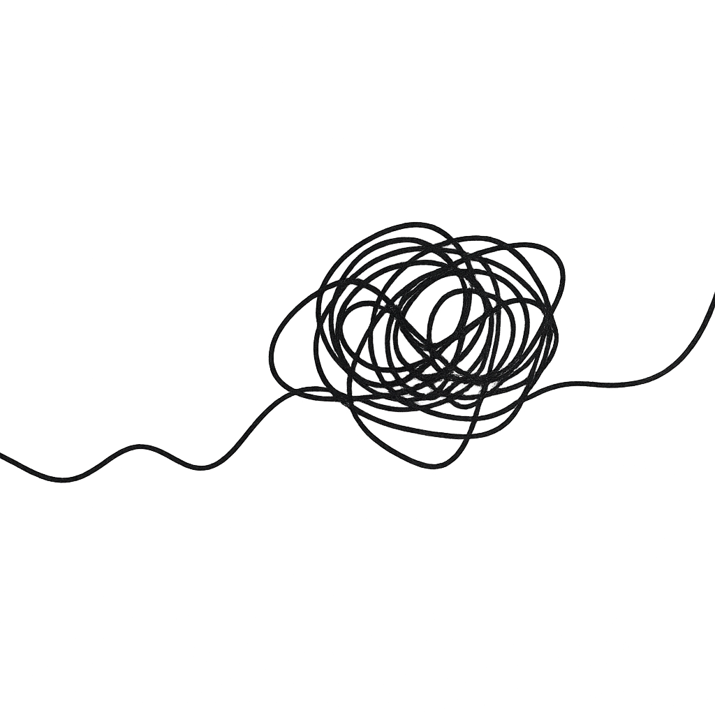 A tangled black string on a gray background.