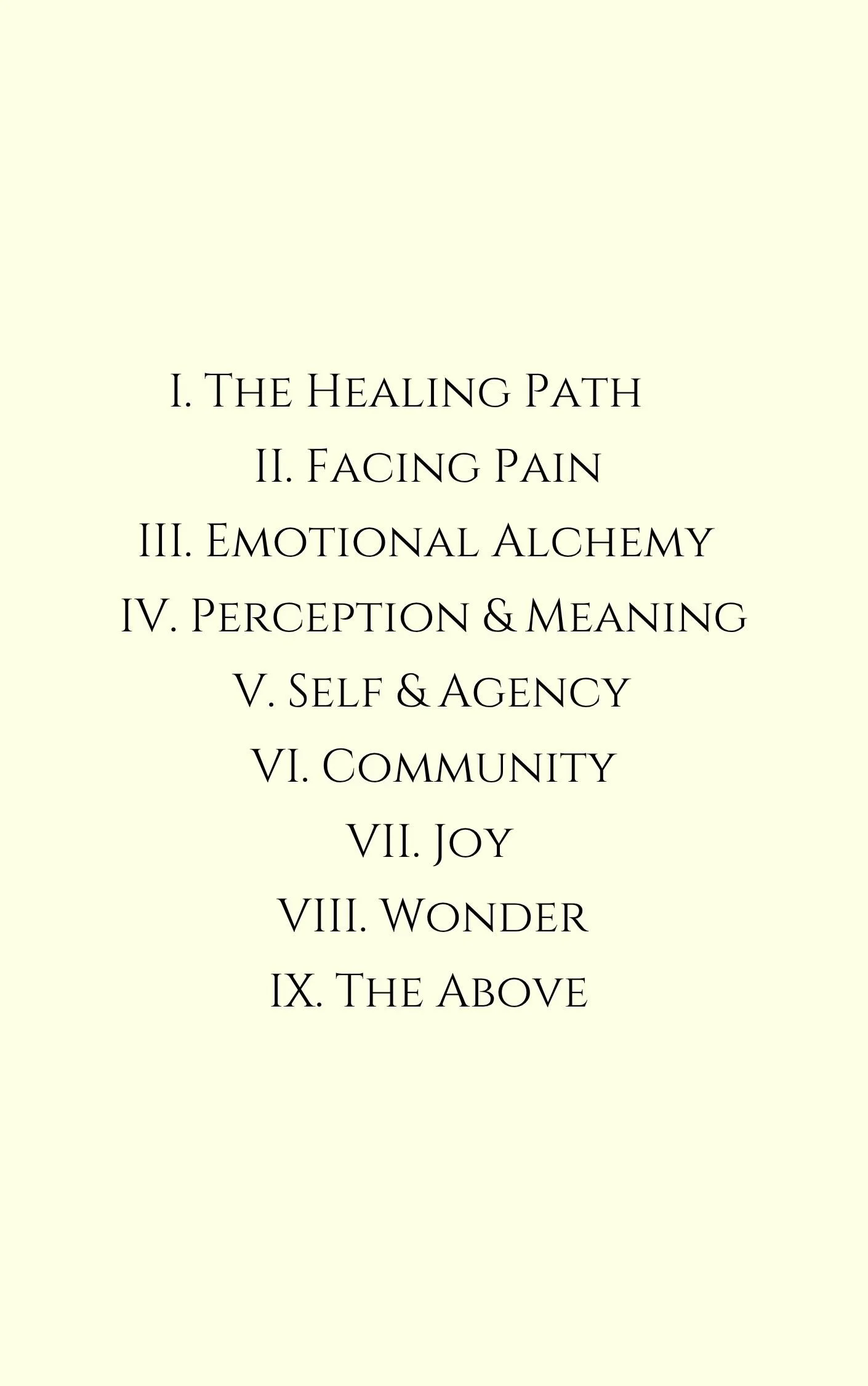 A list of nine items numbered I to IX on a light background, covering topics like healing, pain, emotions, perception, self, community, joy, wonder, and the divine.