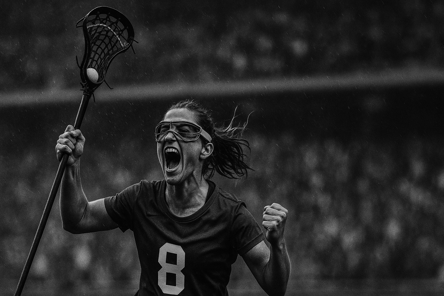 A female lacrosse player, wearing goggles and a jersey with the number 8, is celebrating outdoors in the rain with her mouth open in a yell, holding her lacrosse stick with a ball, and clenched fists.