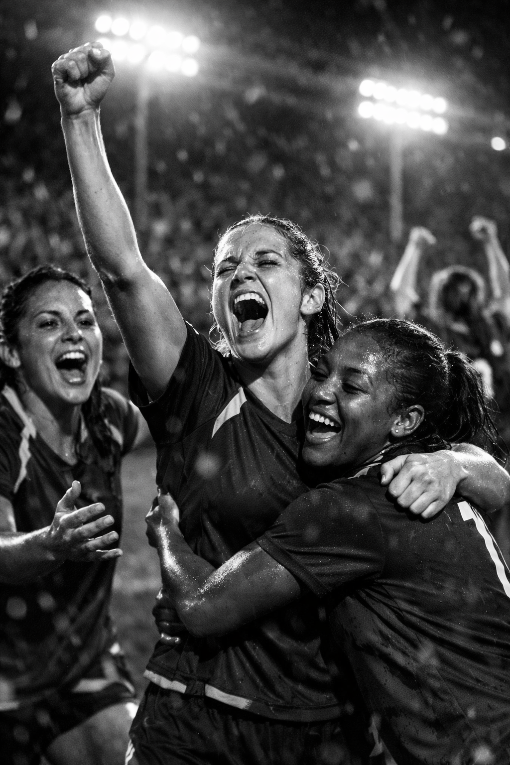 Women celebrating and cheering on a football field at night, one woman raises her fist in victory.