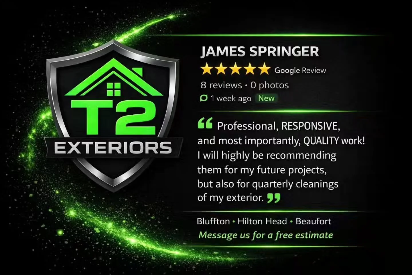 Google reviews make us happy 😁🙌

🔗 https://www.t2exteriors.com/contact

#HiltonHeadIsland #RoofCare #SoftWashing #ExteriorCleaning #CurbAppeal LowcountryLiving T2Exteriors

📍 Bluffton &bull; HHI &bull; Beaufort 
📱 843-304-5660
📧 Jaimie@T2exteri