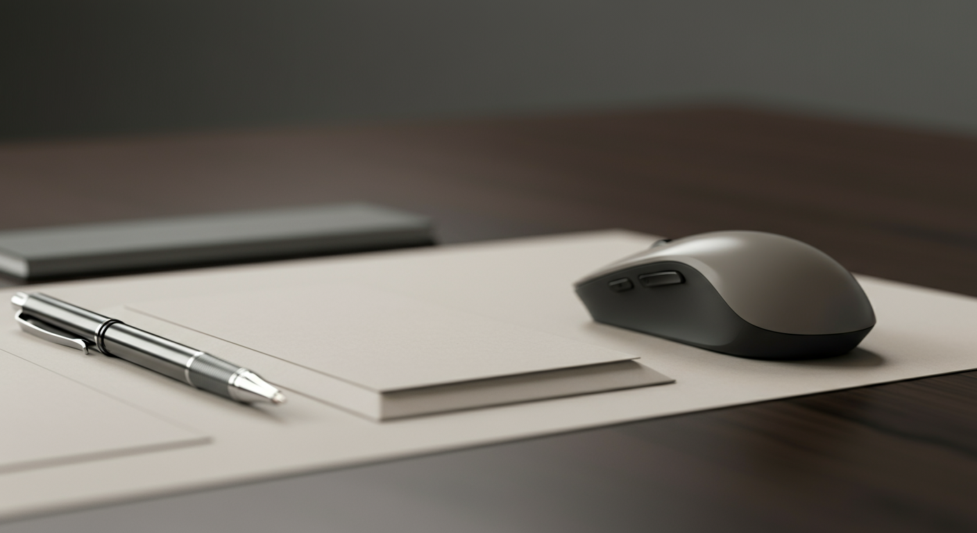 Desk with a silver pen, a closed silver laptop, a black and silver computer mouse, and some sheets of paper on a dark wooden table.