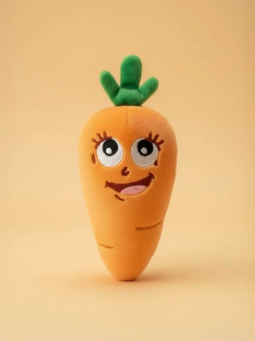 Fuzzy plush toy of a cartoon carrot with big eyes, eyelashes, a smiling mouth with visible teeth, and green leaves on top, set against a beige background.