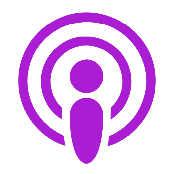 Purple icon of a person with radio waves around their head, representing podcast or audio broadcasting.