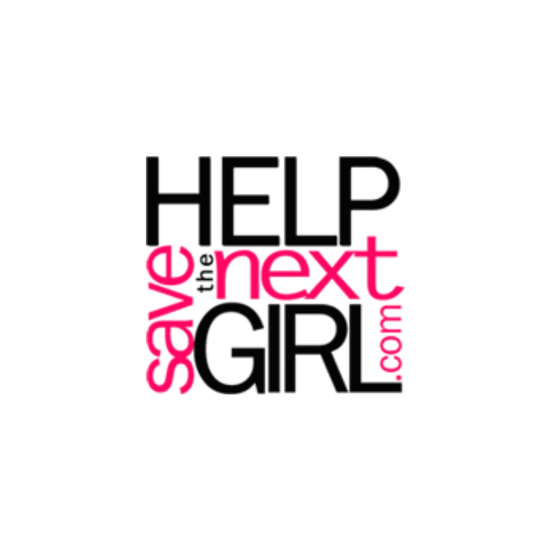 Help the next girl logo in black and pink text on a white background.