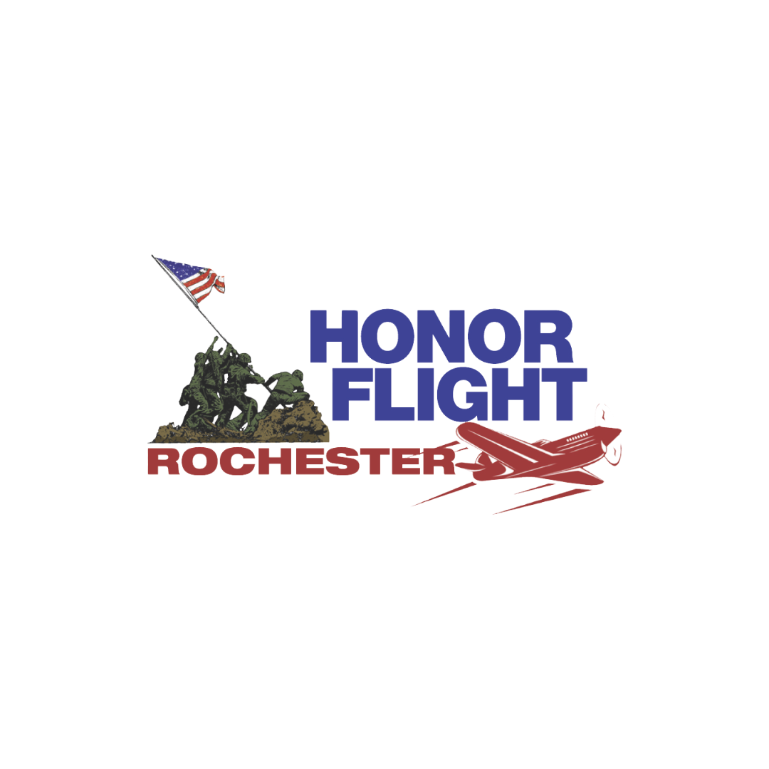Logo for Honor Flight Rochester featuring a silhouette of soldiers raising a flag on a hilltop, a red airplane, and text in blue and red reading 'Honor Flight Rochester'.