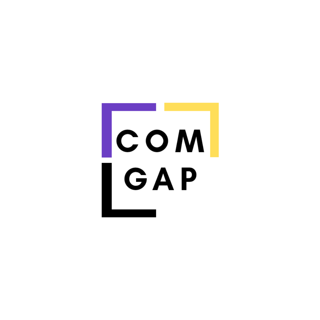 Logo with the words "COMP" and "GAP" arranged in a square, with colored geometric lines in purple, yellow, and black surrounding the words.