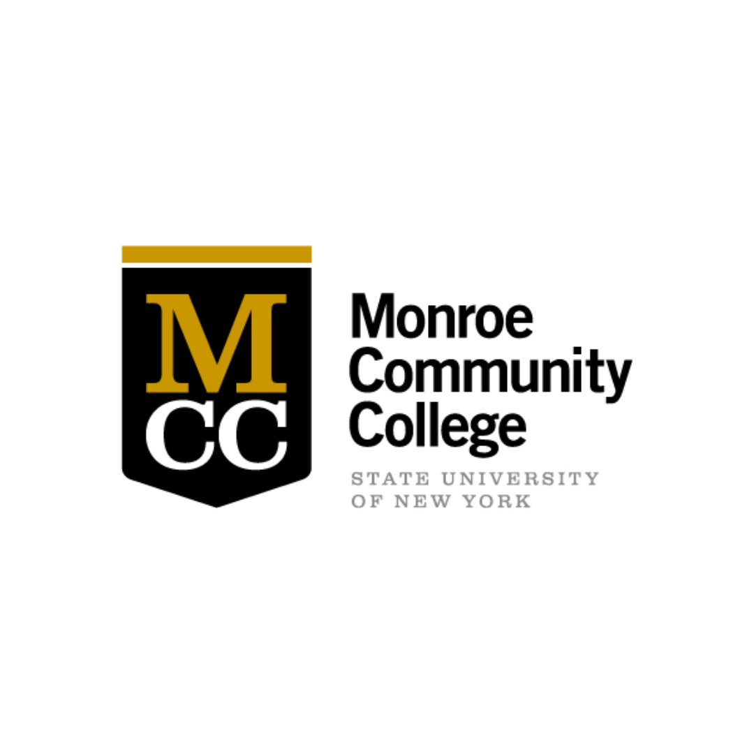 Logo for Monroe Community College, a part of the State University of New York, with a black and gold shield and text.