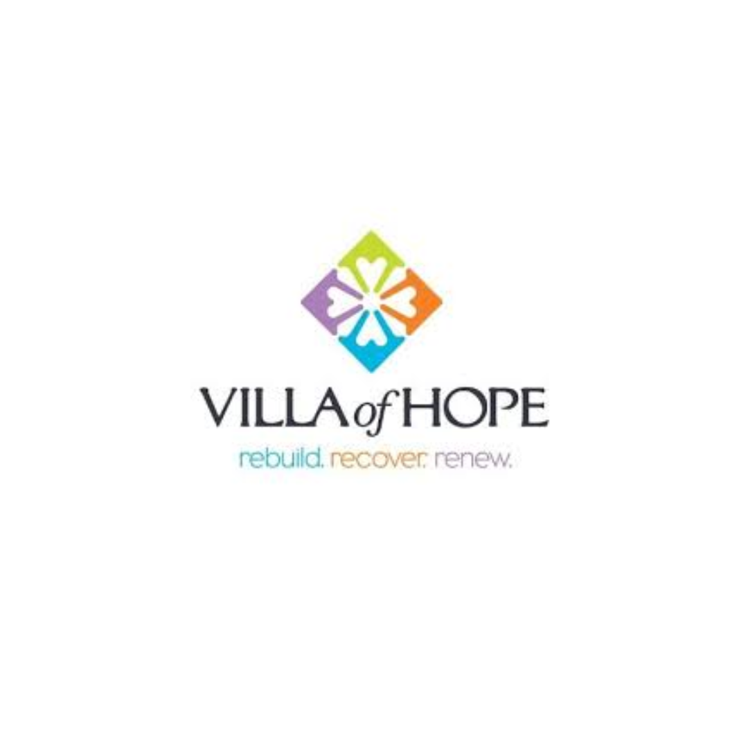 Logo of Villa of Hope, featuring colorful heart-shaped symbols arranged in a diamond pattern above the words 'VILLA of HOPE' and the tagline 'rebuild. recover. renew.' in different colors.
