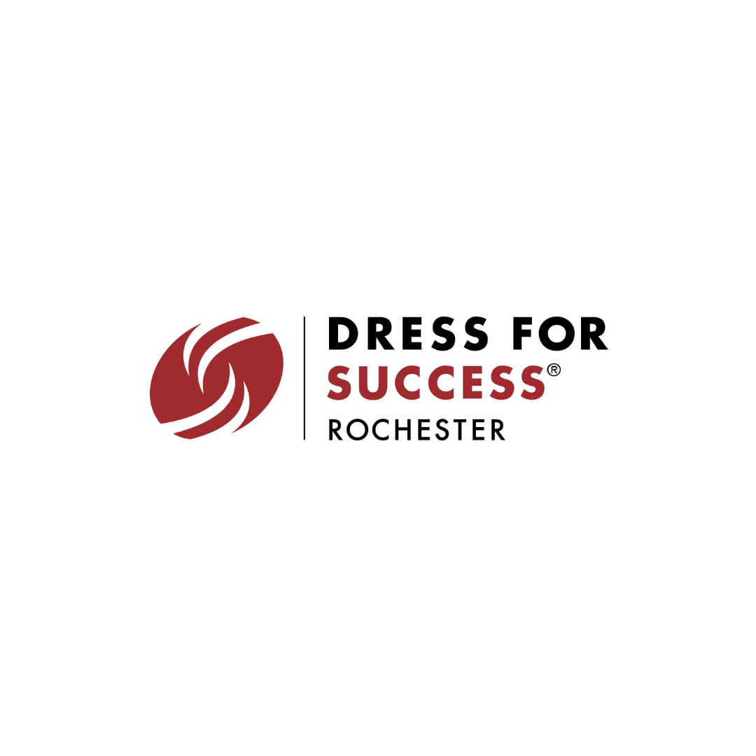 Logo for Dress for Success Rochester, featuring a stylized maroon circular symbol and black and maroon text.