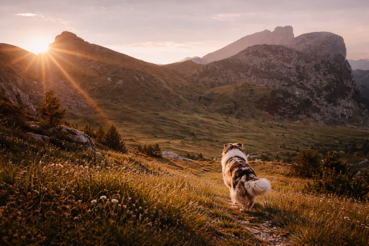 A dog walking along a dirt path in a hilly landscape with mountains during sunset.