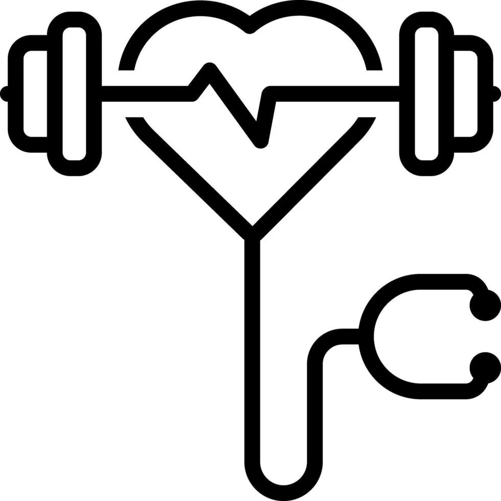 Line drawing of a heart, a stethoscope, and a dumbbell combined into a medical-themed graphic.