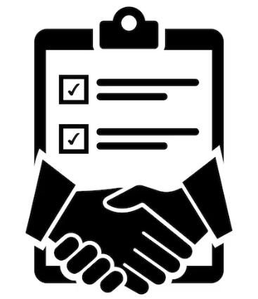 Icon of a business handshake in front of a clipboard with checkboxes, symbolizing agreement or contract.