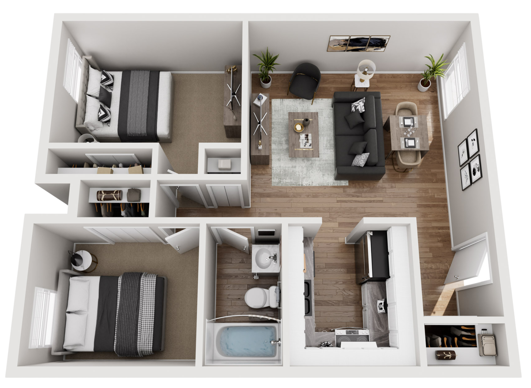 A 3D floor plan of a small apartment with two bedrooms, a bathroom, a kitchen, and a living room. The bedrooms have beds and closets, the bathroom has a bathtub, and the living room has a sofa, chairs, and a TV.