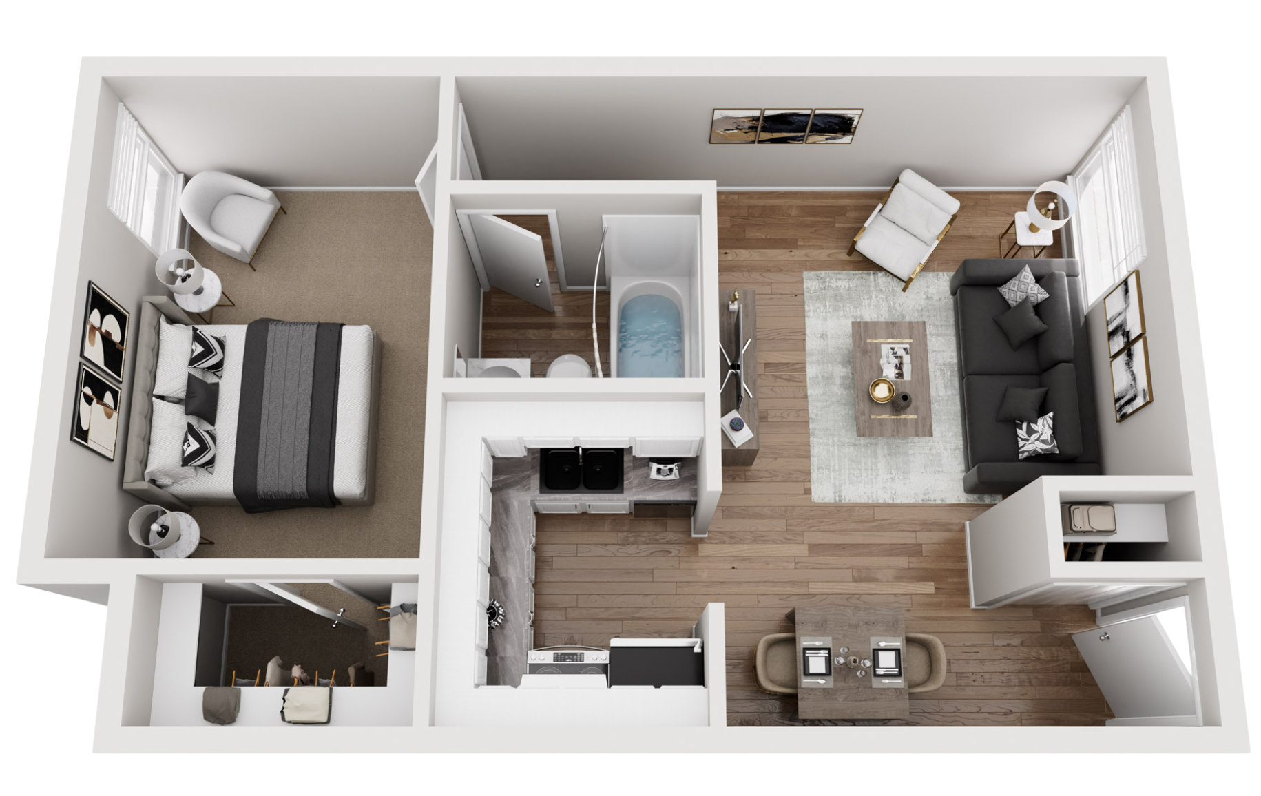 A 3D floor plan of a one-bedroom apartment with a living room, kitchen, bedroom, bathroom, and small closet area.
