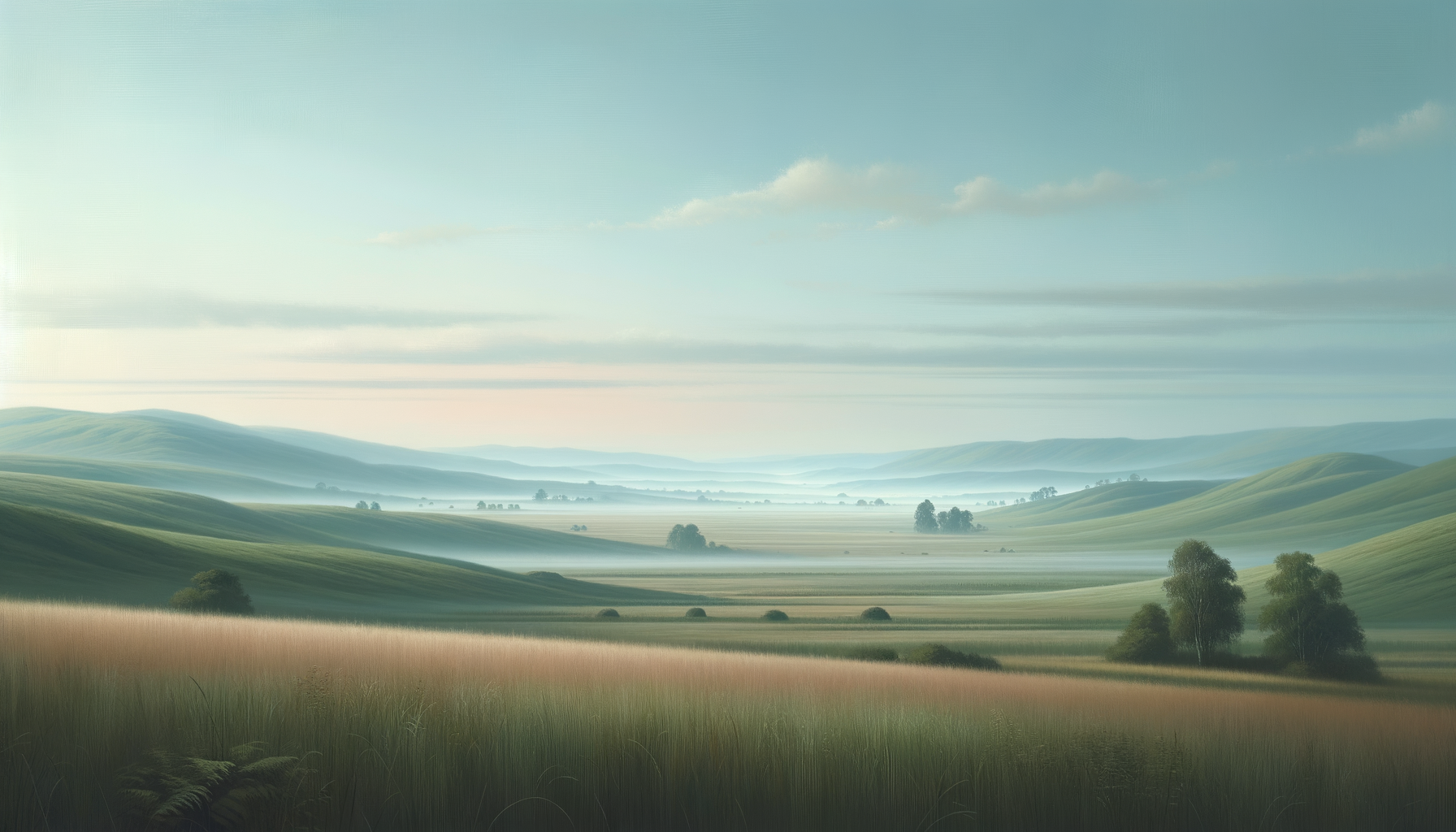 Serene landscape of rolling green hills with scattered trees, mist in the valleys, and a partly cloudy sky at sunrise or sunset